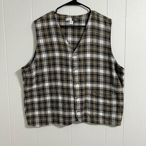 Vintage Houndstooth Plaid Button Front Cabincore Vest Large Tan Brown White